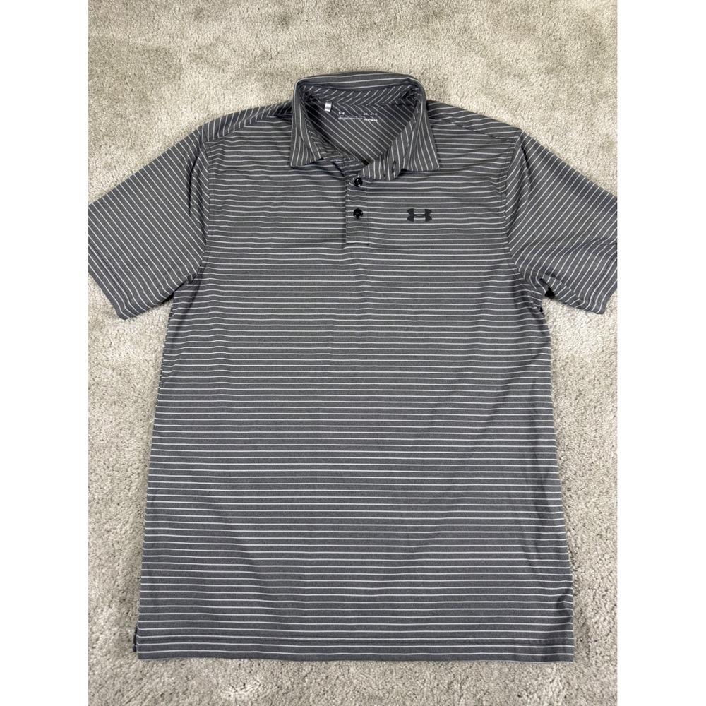Under Armour Mens HeatGear Striped Polo Shirt Gray White Medium Loose Fit Golf